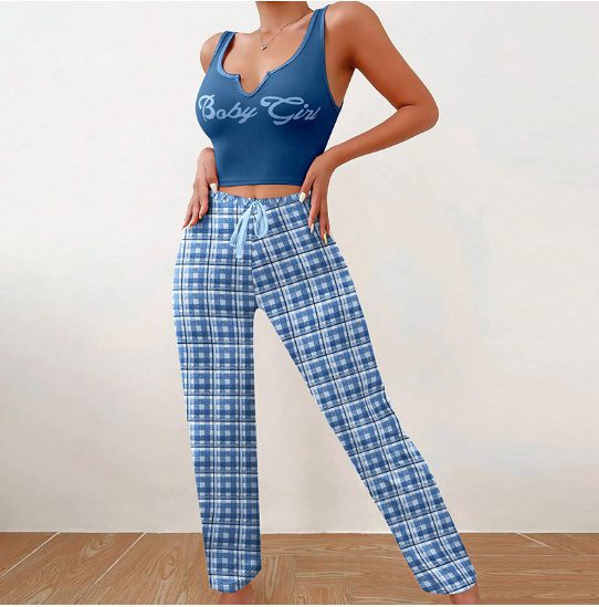 Spring Summer Women's Casual Pajamas Home Wear Vest Color Matching Plaid Trousers Letter Print Top Ladies 2 Pcs Home Clothes Sleepwear - Image 10
