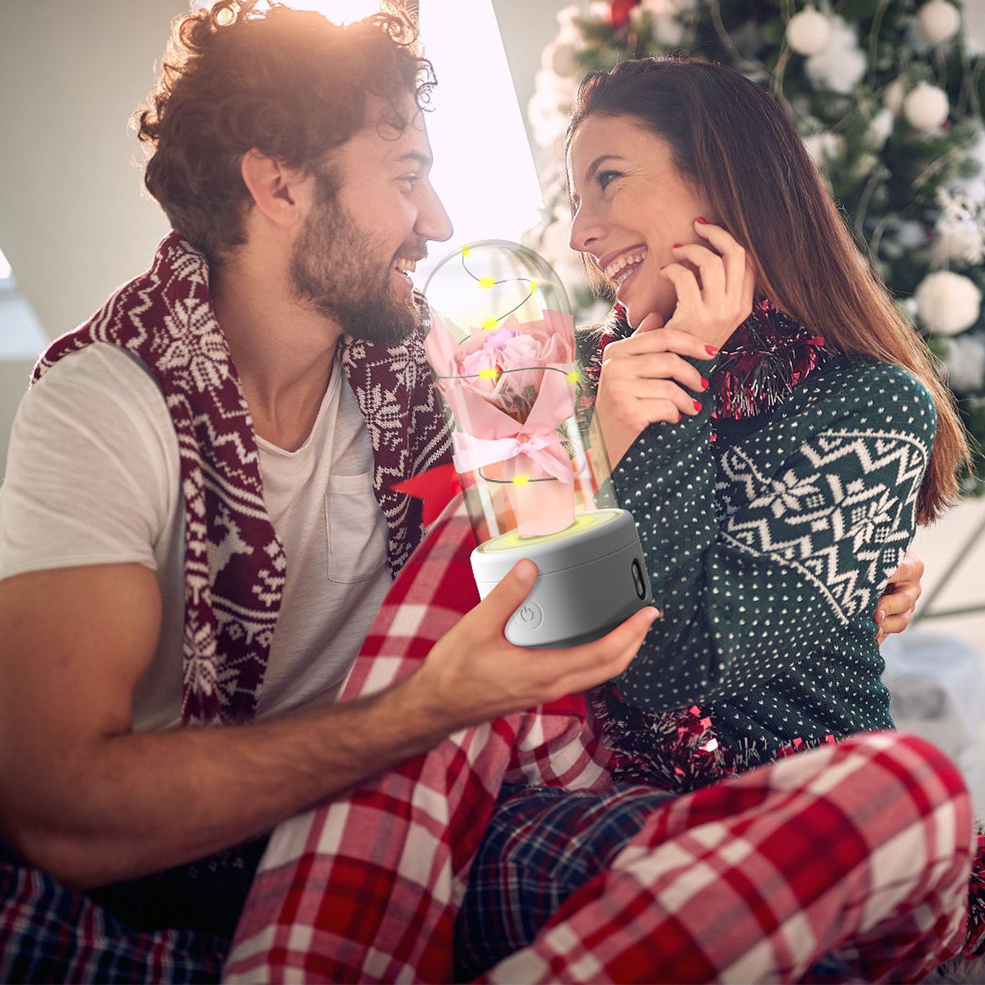 مصباح LED بشكل باقة زهور مبتكرة 2 في 1 مع مكبر صوت بلوتوث متوافق – هدية عيد الأم – وردة مضيئة – مصباح ليلي زخرفي داخل غطاء زجاجي - الصورة 4