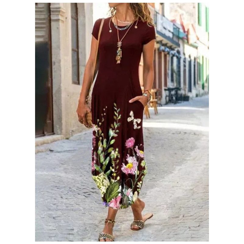 Round Neck Pocket Short Sleeve Trendy Printed Dress - Image 10