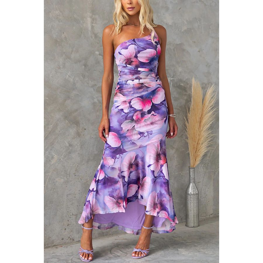 Flowers Print One-shoulder Dress Summer INS Casual Suspender Long Dresses Womens Clothing - Image 6