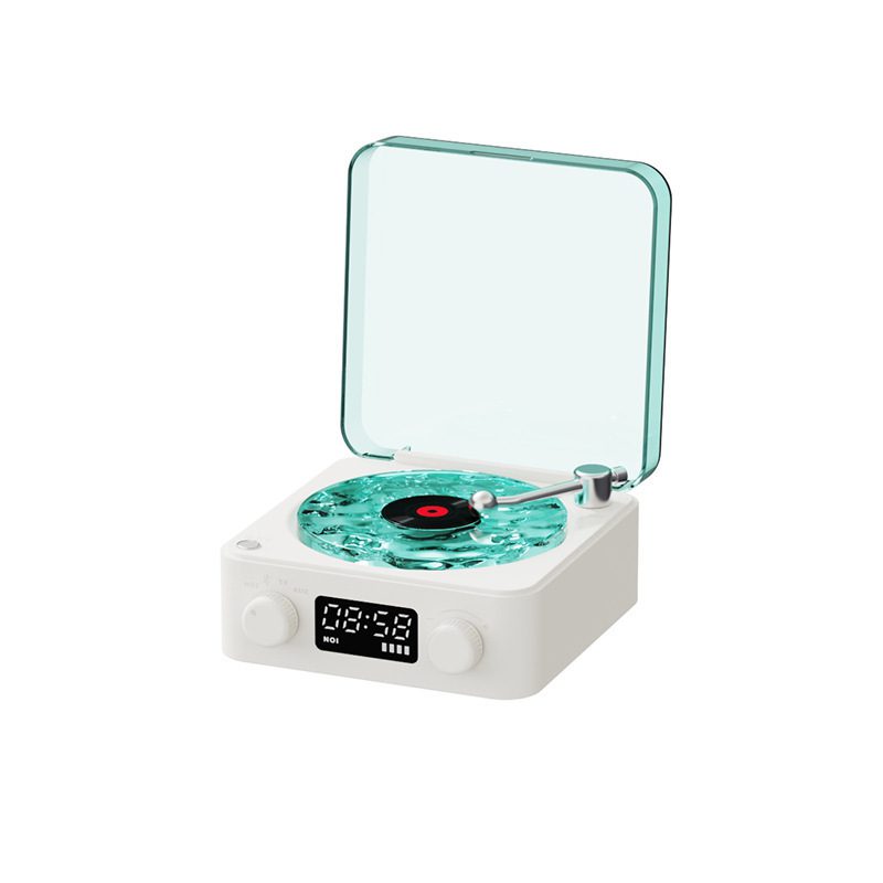 مكبر صوت بتصميم مشغل أسطوانات فينيل كلاسيكي (Retro Turntable)، لاسلكي، متوافق مع Bluetooth 5.0، يوفر صوت ستيريو، مع ضوضاء بيضاء (White Noise)، وتأثير إسقاط ضوئي RGB - الصورة 9