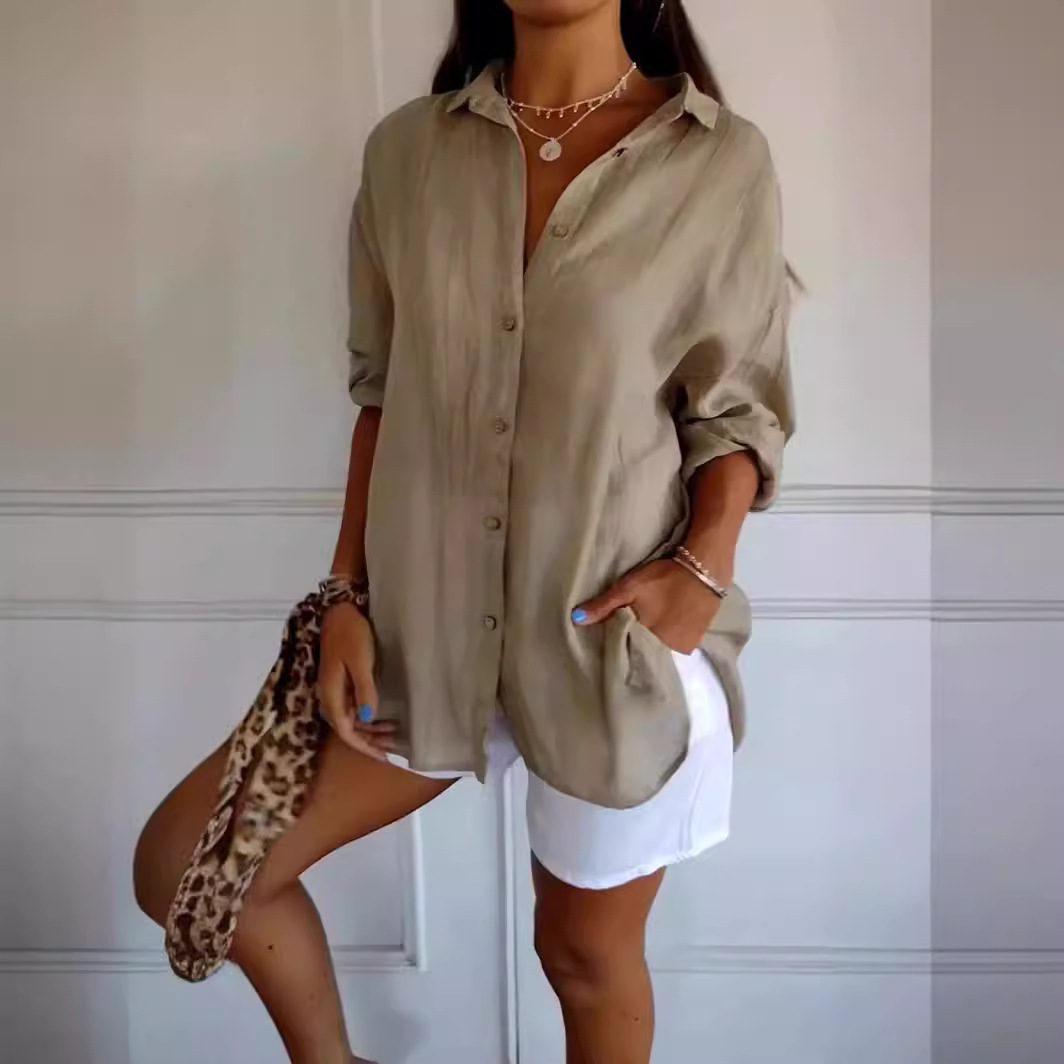 قميص نسائي بأكمام طويلة وياقة (Lapel)، إغلاق بأزرار أمامية (Single-breasted)، تصميم بطيّات (Pleated)، بلوزة علوية أنيقة، ملابس نسائية عصرية ومناسبة للإطلالة الكاجوال أو الرسمية الخفيفة. - الصورة 4
