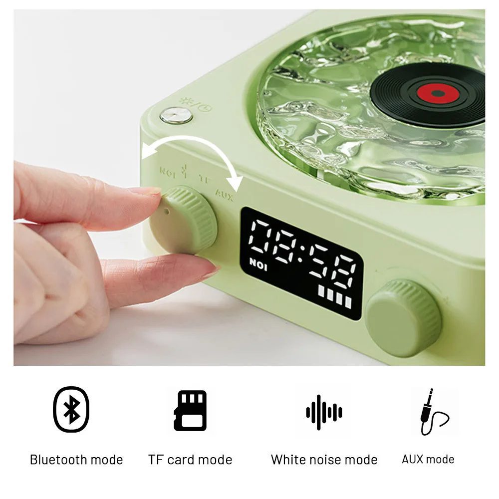مكبر صوت بتصميم مشغل أسطوانات فينيل كلاسيكي (Retro Turntable)، لاسلكي، متوافق مع Bluetooth 5.0، يوفر صوت ستيريو، مع ضوضاء بيضاء (White Noise)، وتأثير إسقاط ضوئي RGB - الصورة 5
