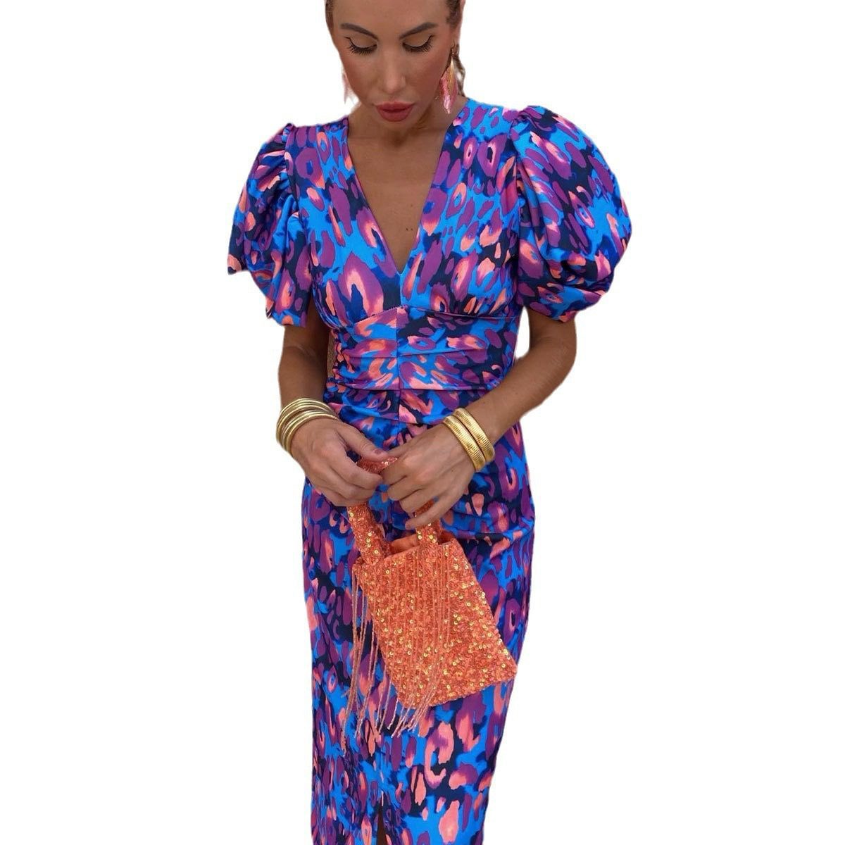 Puffed Short Sleeve Dress Summer Floral Printed V-neck Skinny Dresses - Image 6