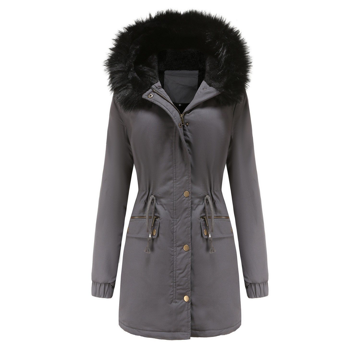 Women's Plush Hooded Parkas Winter Warm Thick Zip-up Jackets Casual Mid-length Solid Buckle Pockets Coat Outerwear Clothing - Image 7