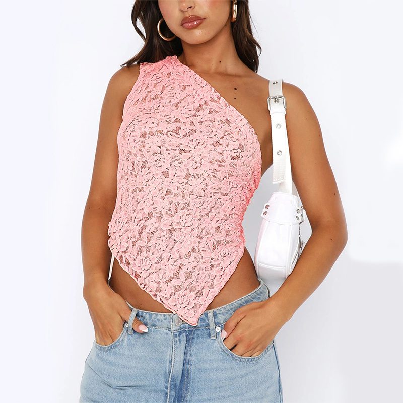 Ins Lace Backless Top Summer Solid Color Waistless Asymmetrical Sloped Neck Vest Streetwear Womens Clothes - Image 5