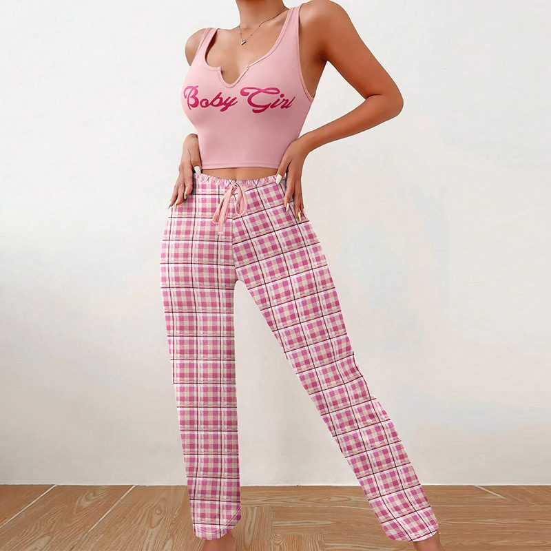 Spring Summer Women's Casual Pajamas Home Wear Vest Color Matching Plaid Trousers Letter Print Top Ladies 2 Pcs Home Clothes Sleepwear - Image 4