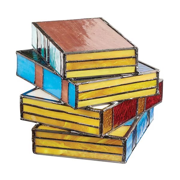 مصباح كتب مكدسة – مصباح طاولة ليلي بجانب السرير، مصباح مكتب مصنوع من الراتنج على شكل كتب متراصة، إضاءة زجاج ملون، مصباح قراءة ديكوري للطاولة والمكتب. - الصورة 3