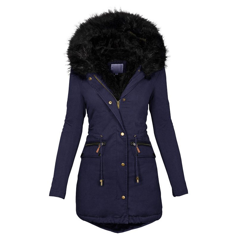 Women's Plush Hooded Parkas Winter Warm Thick Zip-up Jackets Casual Mid-length Solid Buckle Pockets Coat Outerwear Clothing - Image 3