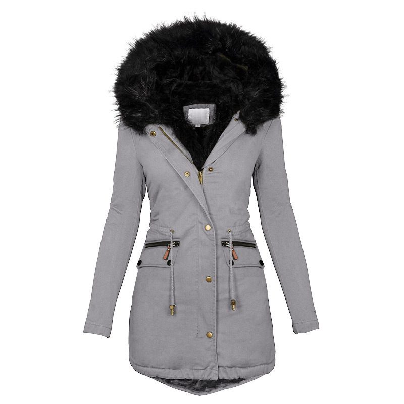 Women's Plush Hooded Parkas Winter Warm Thick Zip-up Jackets Casual Mid-length Solid Buckle Pockets Coat Outerwear Clothing - Image 2