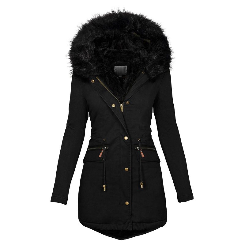 Women's Plush Hooded Parkas Winter Warm Thick Zip-up Jackets Casual Mid-length Solid Buckle Pockets Coat Outerwear Clothing - Image 5