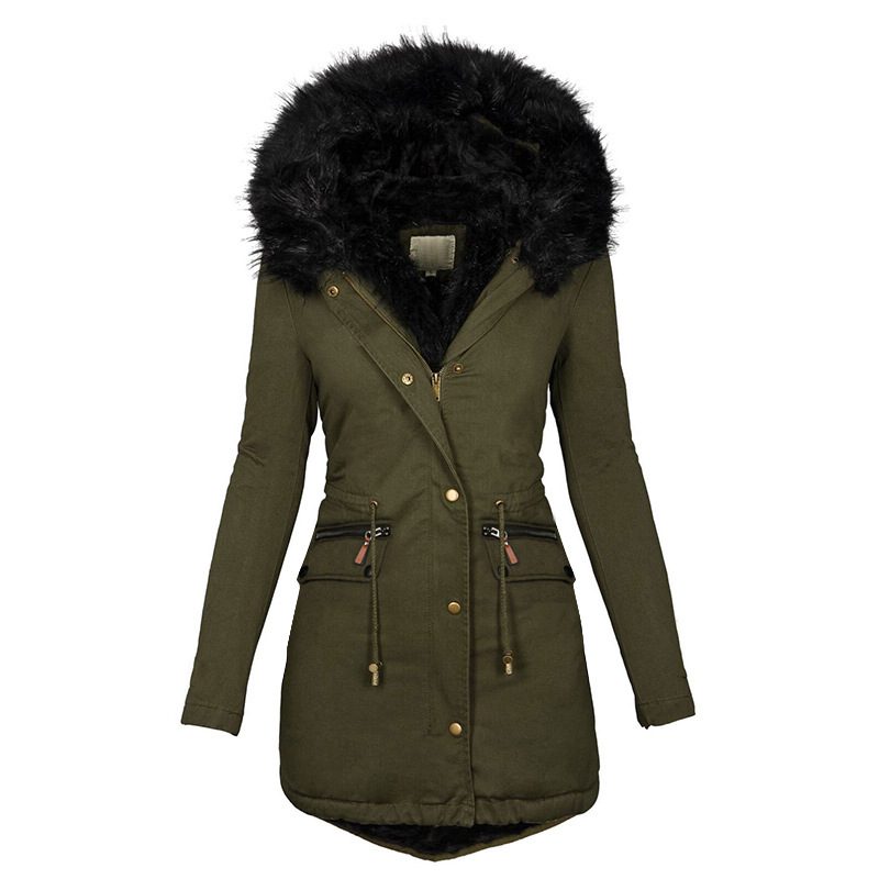 Women's Plush Hooded Parkas Winter Warm Thick Zip-up Jackets Casual Mid-length Solid Buckle Pockets Coat Outerwear Clothing - Image 4
