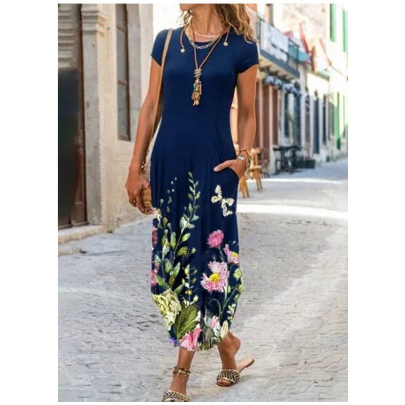 Round Neck Pocket Short Sleeve Trendy Printed Dress - Image 2
