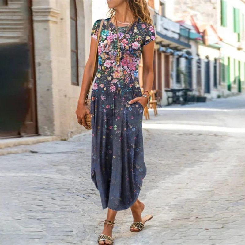 Round Neck Pocket Short Sleeve Trendy Printed Dress - Image 3