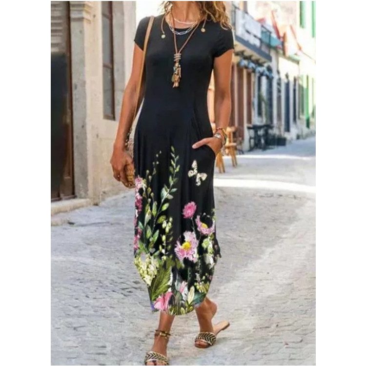 Round Neck Pocket Short Sleeve Trendy Printed Dress - Image 5
