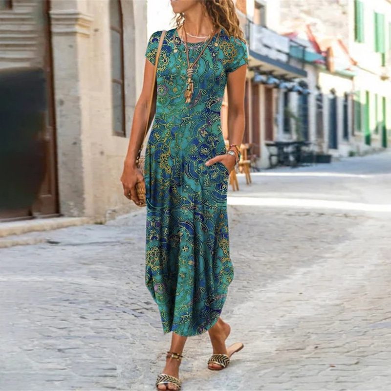Round Neck Pocket Short Sleeve Trendy Printed Dress - Image 6