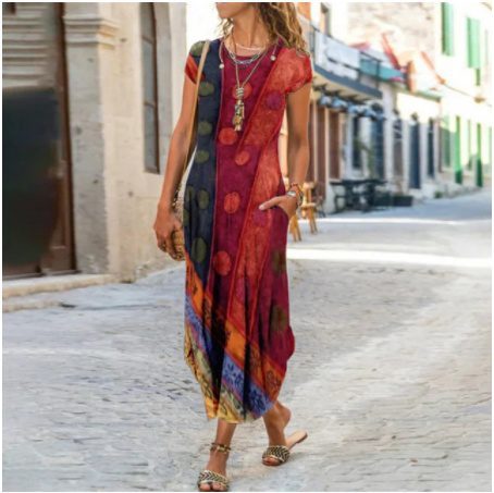 Round Neck Pocket Short Sleeve Trendy Printed Dress - Image 7