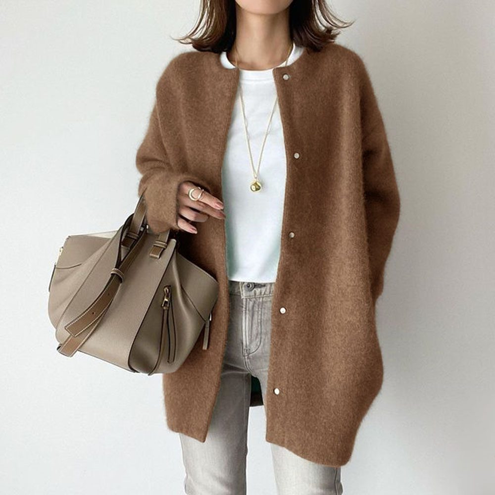 Loose Round Neck Single Breasted Cardigan Fashion Solid Color Coat Jacket Autumn And Winter Women's Clothing - Image 3