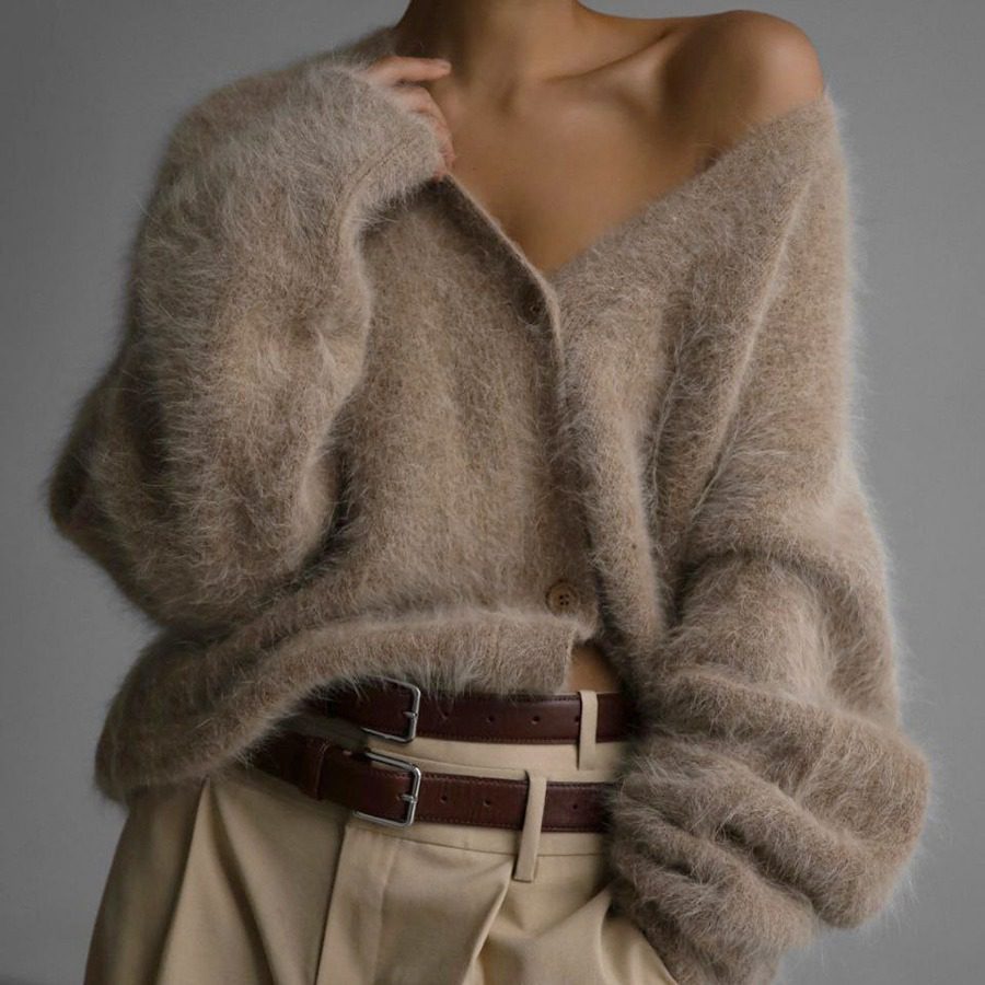Loose V-neck Button Cardigan Fall Winter Fashion Single Breasted Knitted Sweater Top Women's Clothing - Image 2