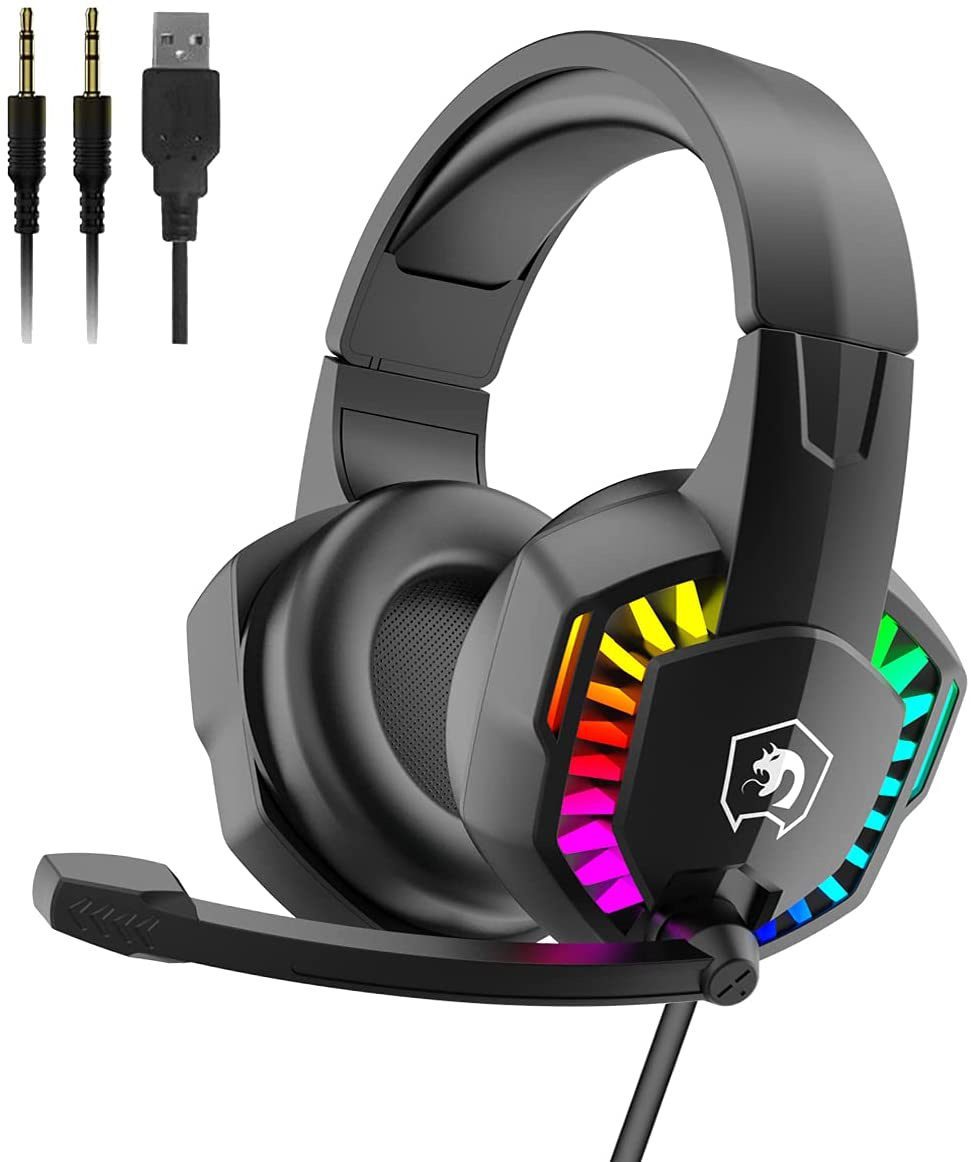 Wired Gaming Headset With Rainbow RGB Backlight Retractable Stereo Sound For PS4 Black
