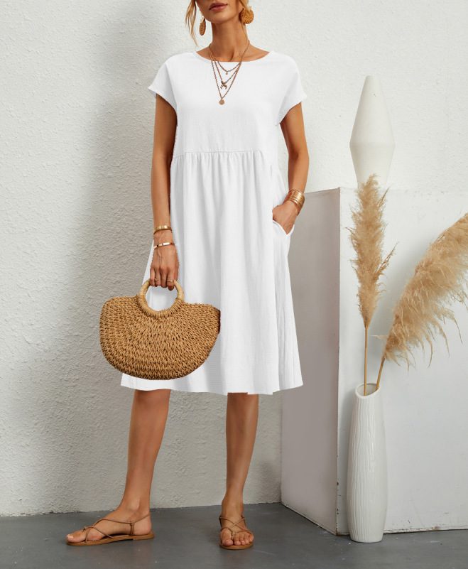 Summer Short-sleeved Dress With Pockets Fashion Solid Round Neck A-line Dresses For Women Clothing - Image 2