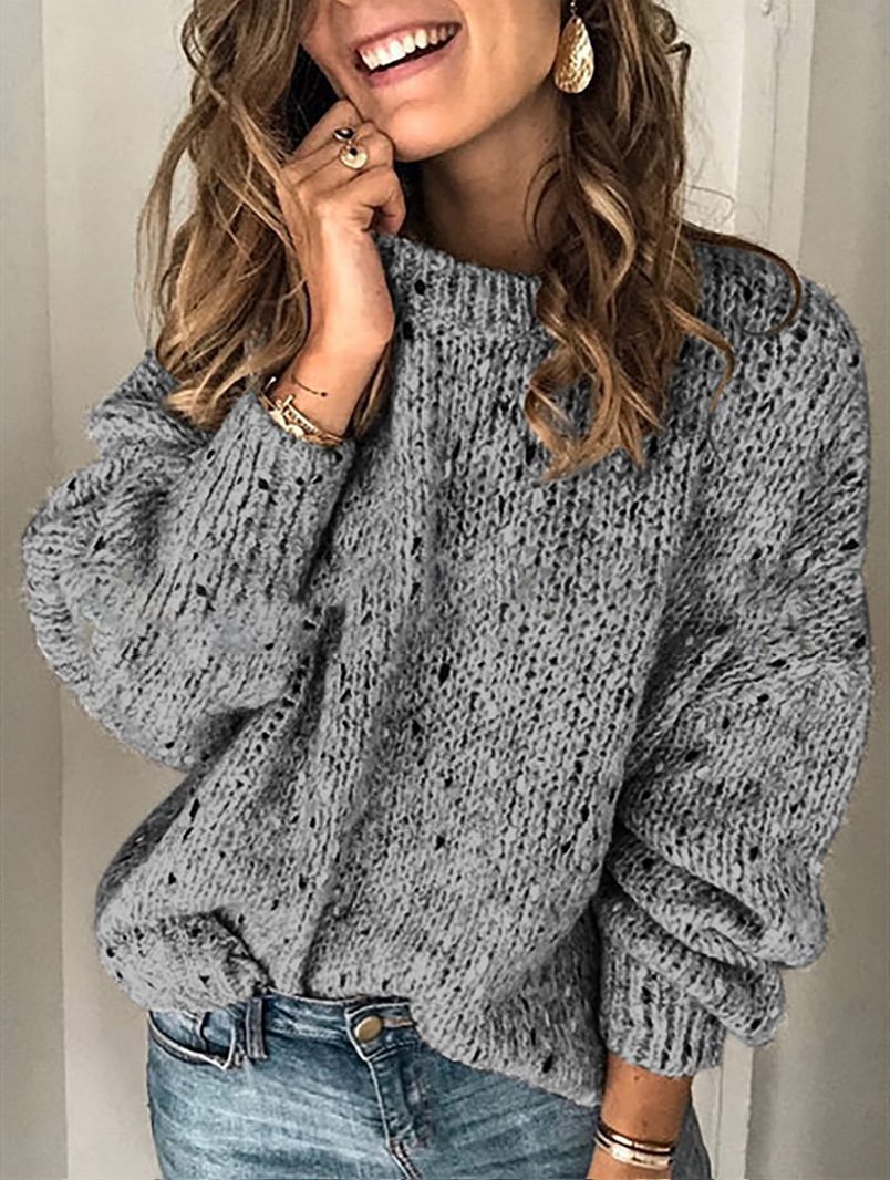 بلوفر نسائي شتوي محبوك بنقشة نقاط (Polka Dot)، بتصميم سادة أنيق، فضفاض، بأكمام طويلة، سترة صوفية موضة للملابس النسائية - الصورة 5