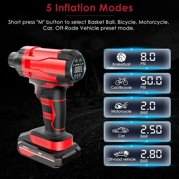 150PSI Cordless Car Tire Pump 6000mAh Rechargeable Tire Inflator 12V Portable Electric Air Compressor With LED Light For Car Bike Motorcycle Ball - Image 4