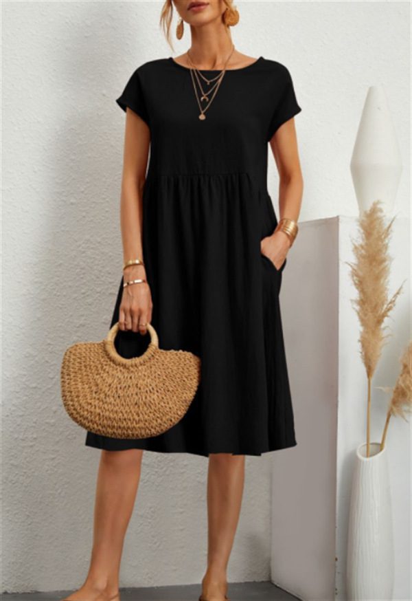 Summer Short-sleeved Dress With Pockets Fashion Solid Round Neck A-line Dresses For Women Clothing - Image 4