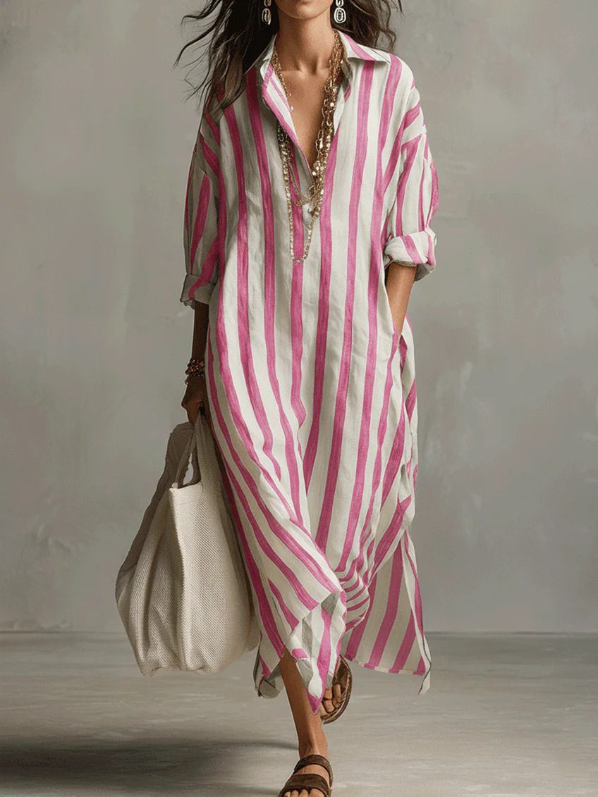 Striped Print Dress Summer Split Collar Short Sleeve Long Dresses Fashion Women's Clothing - Image 9