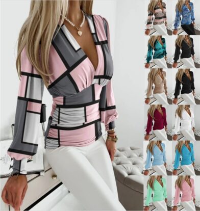 Sexy Geometric Print Shirt Fashion V-neck Long-sleeved Tops Women's Clothing