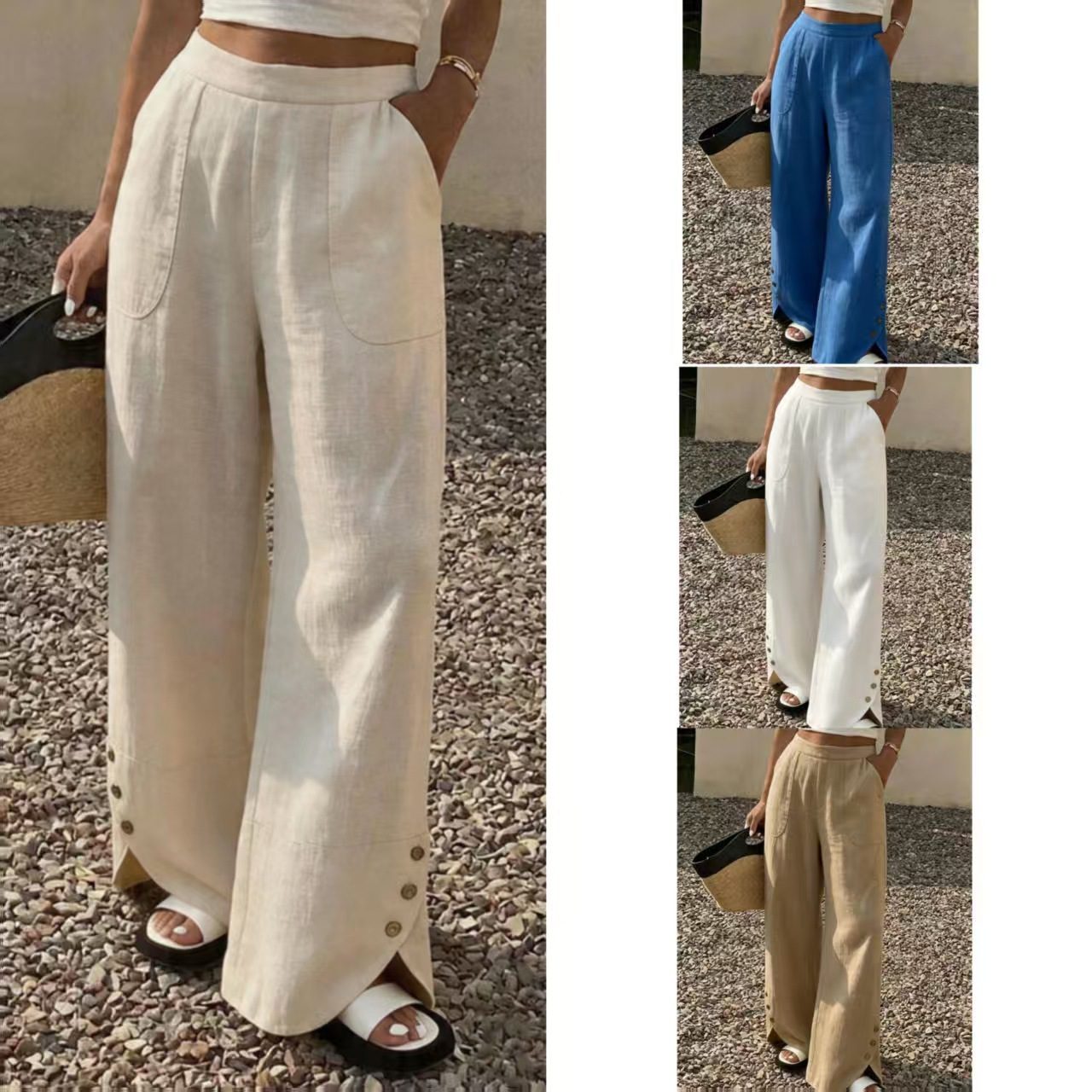 Womens Solid-color Loose-fit Straight-leg Casual Wide-leg Pants With Pockets - Image 5