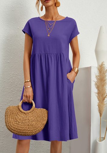 Summer Short-sleeved Dress With Pockets Fashion Solid Round Neck A-line Dresses For Women Clothing - Image 6