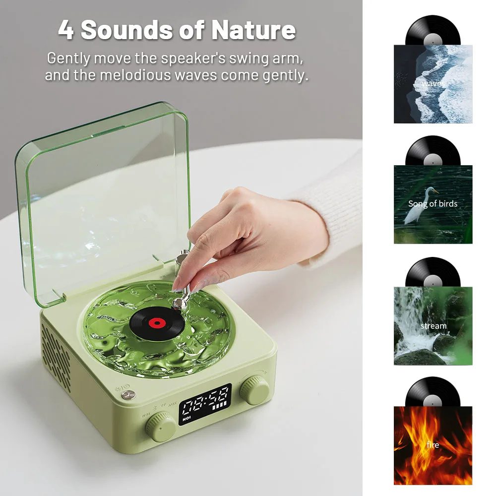 مكبر صوت بتصميم مشغل أسطوانات فينيل كلاسيكي (Retro Turntable)، لاسلكي، متوافق مع Bluetooth 5.0، يوفر صوت ستيريو، مع ضوضاء بيضاء (White Noise)، وتأثير إسقاط ضوئي RGB - الصورة 3