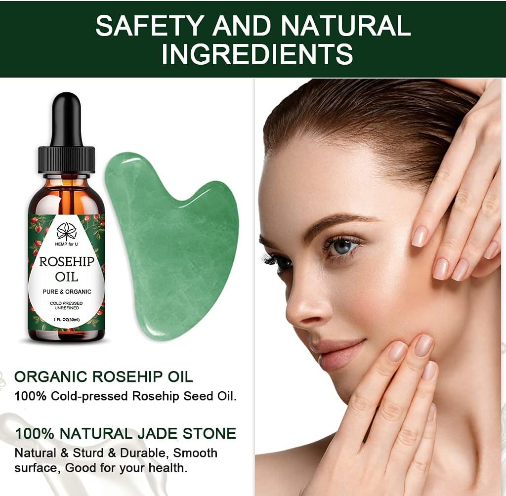 Gua Sha Massage Tools & Rosehip Oil In One Set, Nature Jade Stone Facial Gua Sha Products For Skin Massage, Beauty And Moisturizing , With Nice Travel Pouch - Image 2