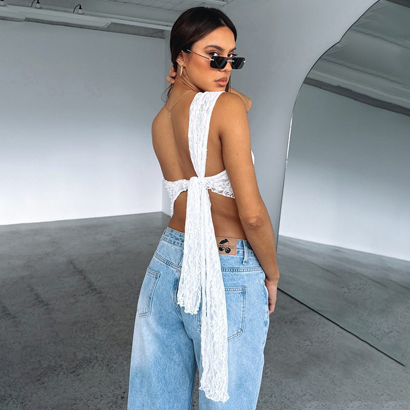 Ins Lace Backless Top Summer Solid Color Waistless Asymmetrical Sloped Neck Vest Streetwear Womens Clothes - Image 4