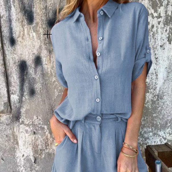 Short-sleeved Suits Fashion Lapel Button Shirt Top And Pocket Shorts Women's Clothing - Image 4
