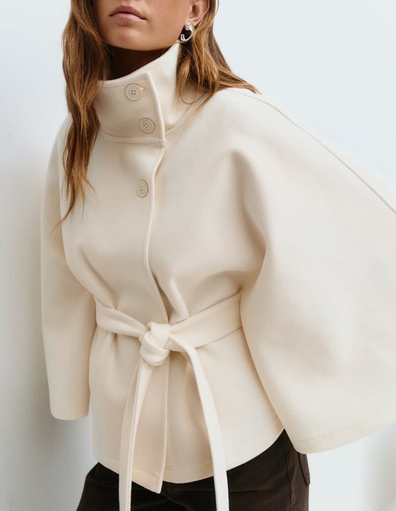 Winter High Neck Batwing Sleeve Coat With Belt Fashion Loose Elegant Button Top Trench Coat For Women Clothing - Image 6