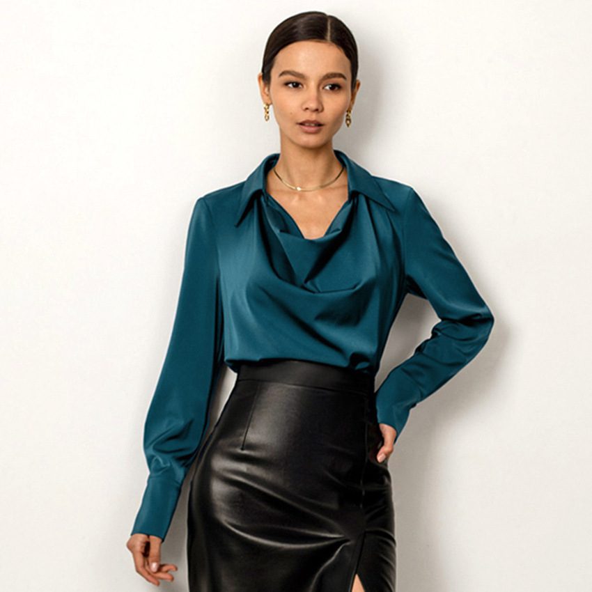 Collared Long-Sleeve Shirts Fashion Commuter Solid Color Blouse Casual Business Tops Women's Clothing - Image 3