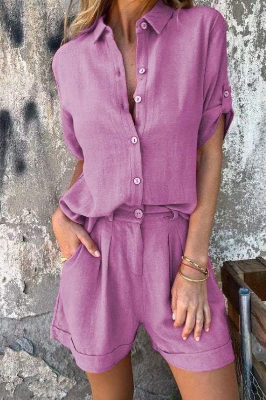 Short-sleeved Suits Fashion Lapel Button Shirt Top And Pocket Shorts Women's Clothing - Image 8