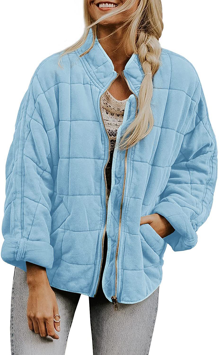 Winter Zip-up Stand Collar Coat With Pockets Fashion Solid Color Plaid Long Sleeved Jacket Women's Clothing - Image 6