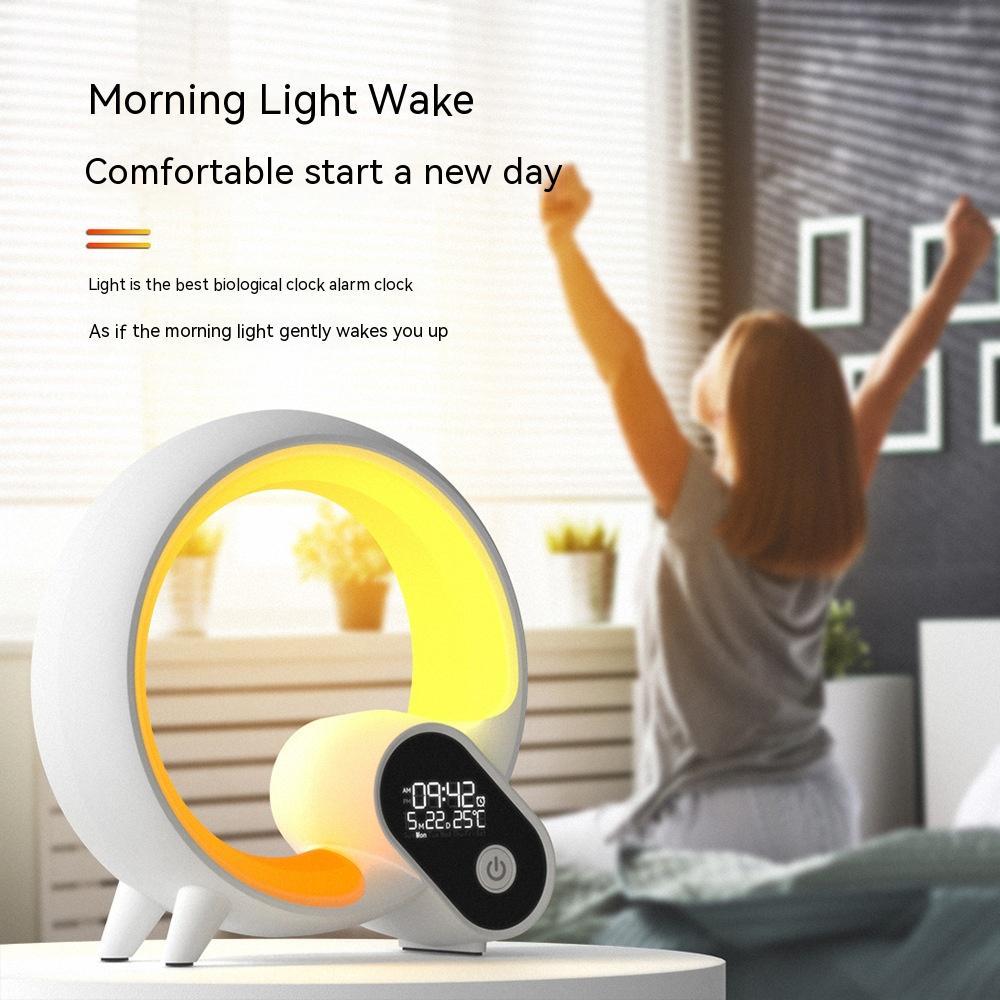 ساعة منبه رقمية تناظرية بإضاءة Q Light، مع خاصية شروق الشمس، وصوت بلوتوث، ووظيفة تنبيه ذكية، وإضاءة جوية ملونة. - الصورة 4