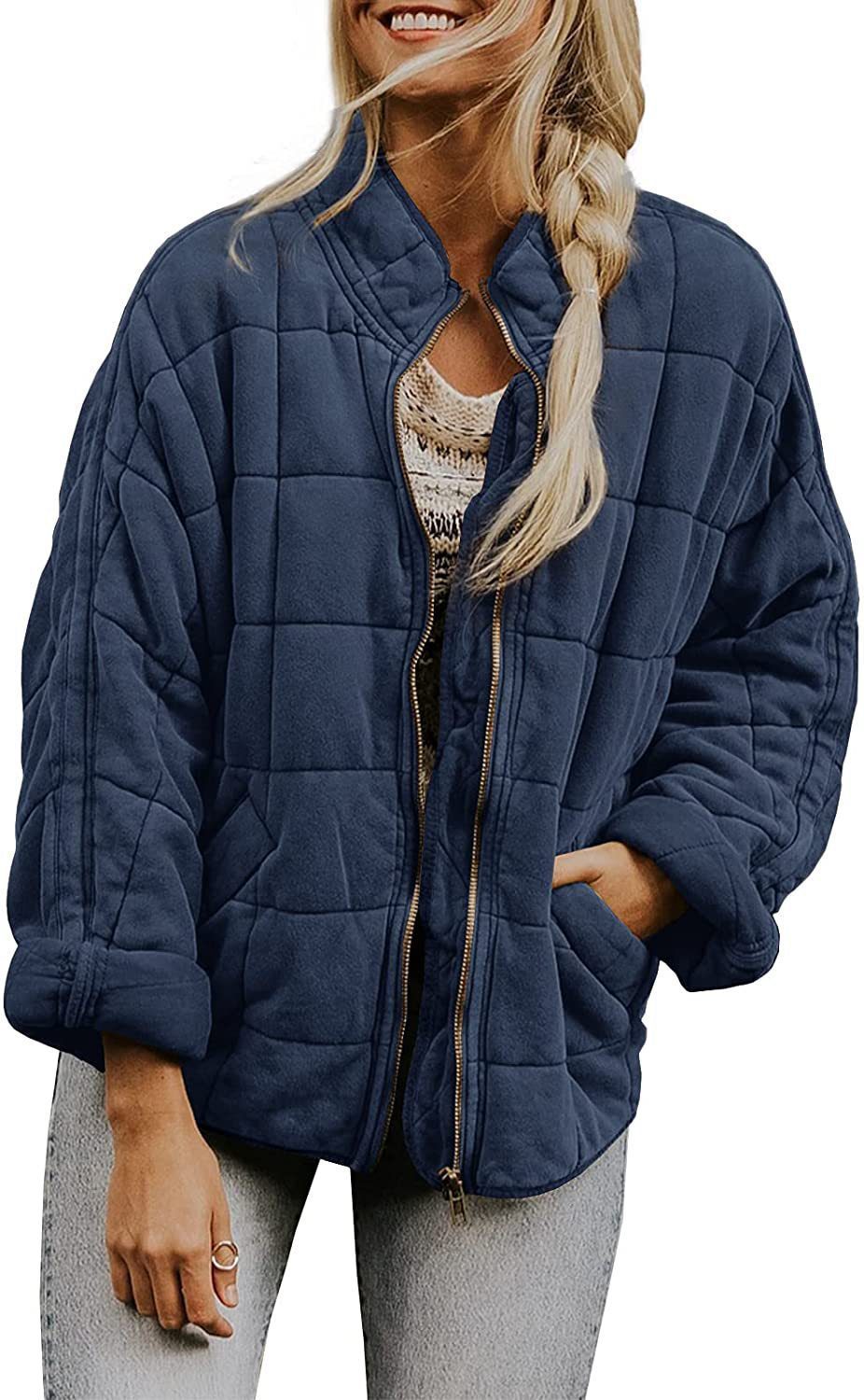 Winter Zip-up Stand Collar Coat With Pockets Fashion Solid Color Plaid Long Sleeved Jacket Women's Clothing - Image 7