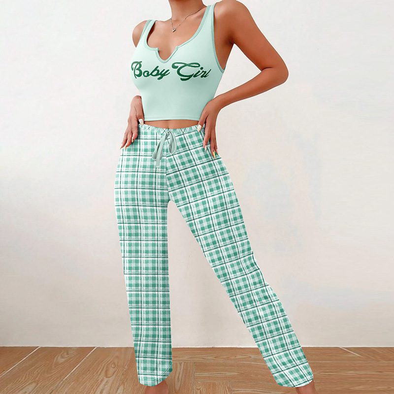Spring Summer Women's Casual Pajamas Home Wear Vest Color Matching Plaid Trousers Letter Print Top Ladies 2 Pcs Home Clothes Sleepwear - Image 6