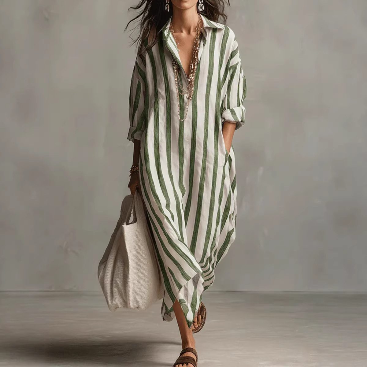 Striped Print Dress Summer Split Collar Short Sleeve Long Dresses Fashion Women's Clothing - Image 2