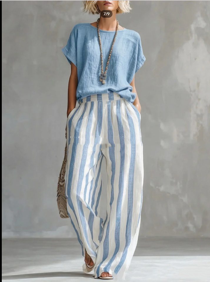 Short-sleeved Trousers Suit Summer Fashion Round Neck Pullover T-Shirt And Striped Print Straight Leg Pants Two-Piece Clothing For Women - Image 8