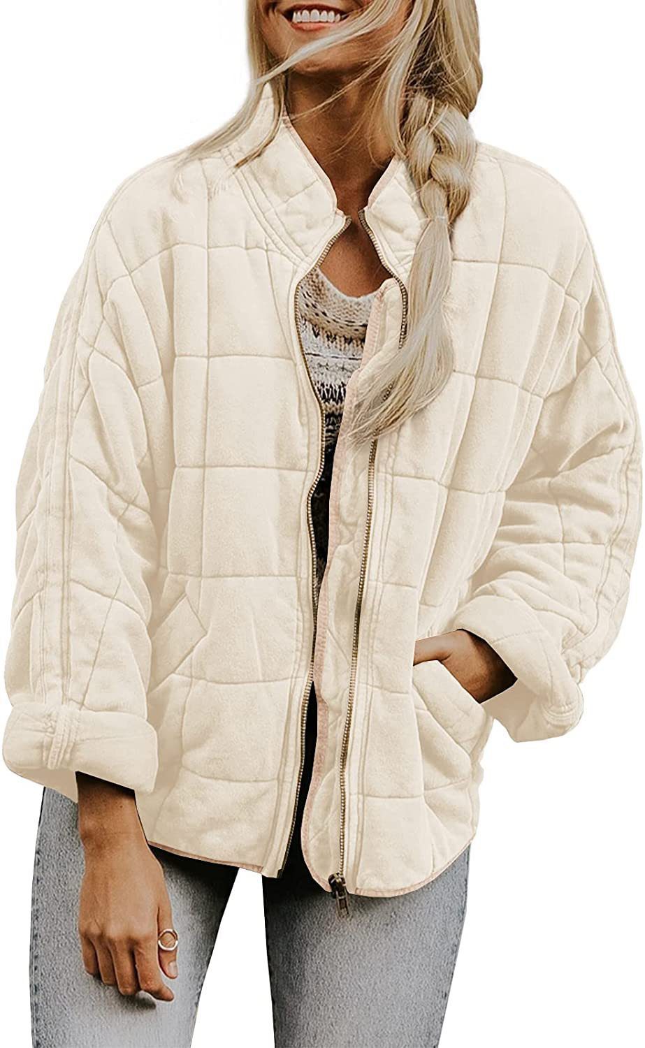 Winter Zip-up Stand Collar Coat With Pockets Fashion Solid Color Plaid Long Sleeved Jacket Women's Clothing - Image 9