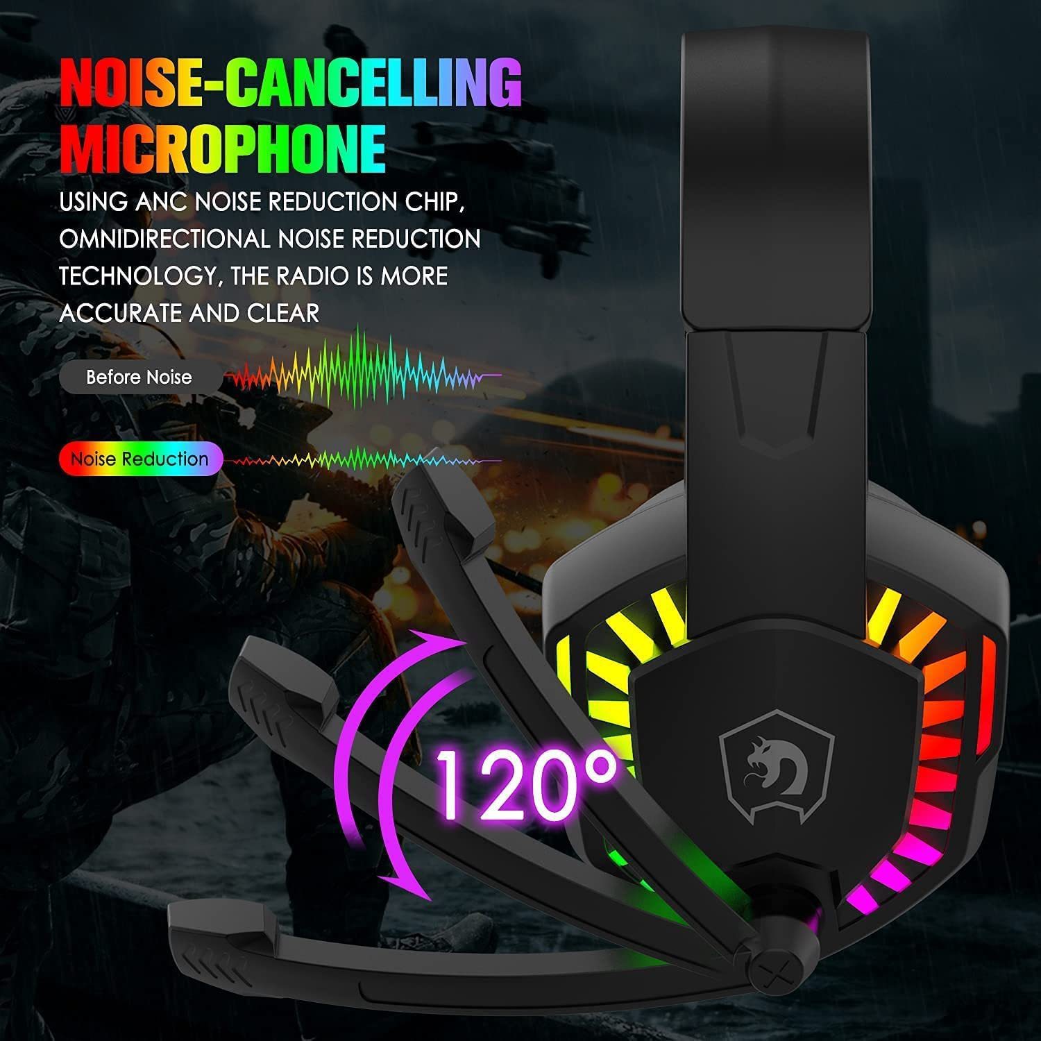 Wired Gaming Headset With Rainbow RGB Backlight Retractable Stereo Sound For PS4 Black - Image 2