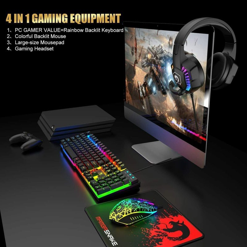 Gaming Keyboard & Mouse & Headset & Mousepad Set RGB Backlit Wired For PC Laptop - Image 7