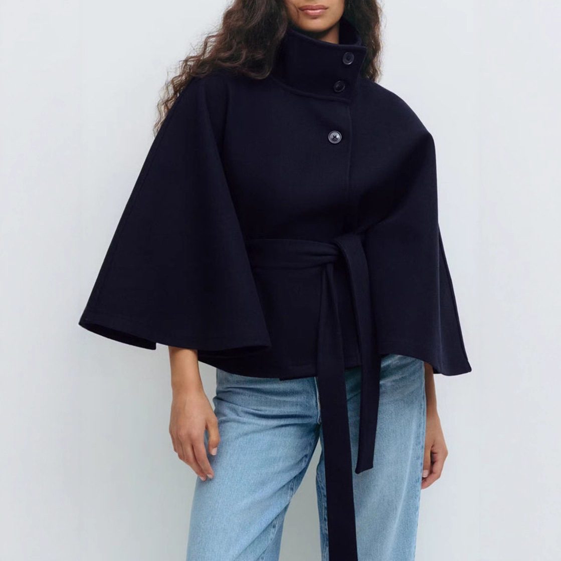 Winter High Neck Batwing Sleeve Coat With Belt Fashion Loose Elegant Button Top Trench Coat For Women Clothing - Image 2