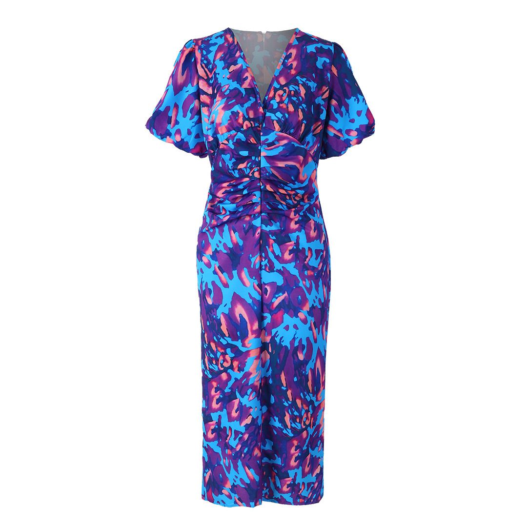 Puffed Short Sleeve Dress Summer Floral Printed V-neck Skinny Dresses - Image 7